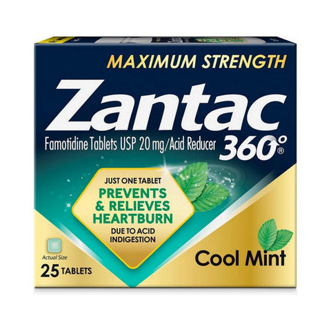 Zantac, 360 Famotidine Usp Acid Reducer Tablets Maximum Strength Cool Mint, 20 Mg, 25 Count Zantac