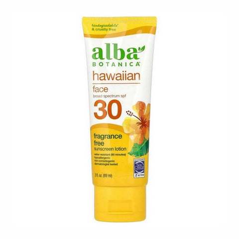 Alba Botanica, Hawaiian Face Sunscreen SPF 30 Fragrance Free, 3 Oz Alba Botanica