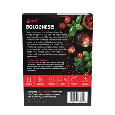 Lunar Fox Food, Bolognese Italian Red Sauce With Meatless Crumbles, 4.5 Oz Lunar Fox Food