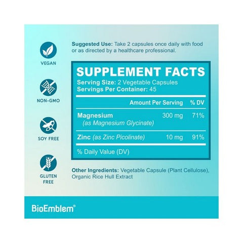 BioEmblem, Magnesium Glycinate With Zinc Picolinate, 300 Mg, 90 Veg Caps BioEmblem