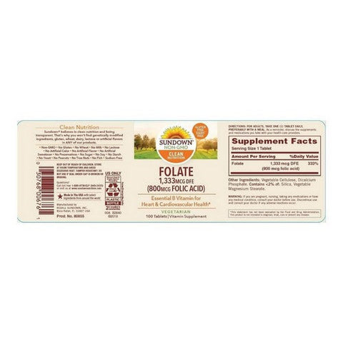 Sundown Naturals, Folic Acid, 800 mcg, 100 tabs Sundown Naturals