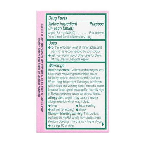Bayer, Low Dose Aspirin Regimen Pain Reliever Chewable Tablets Cherry, 81 Mg, 36 Count